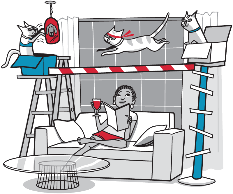 Woman relaxes with wine, while cats run around an in-home gym