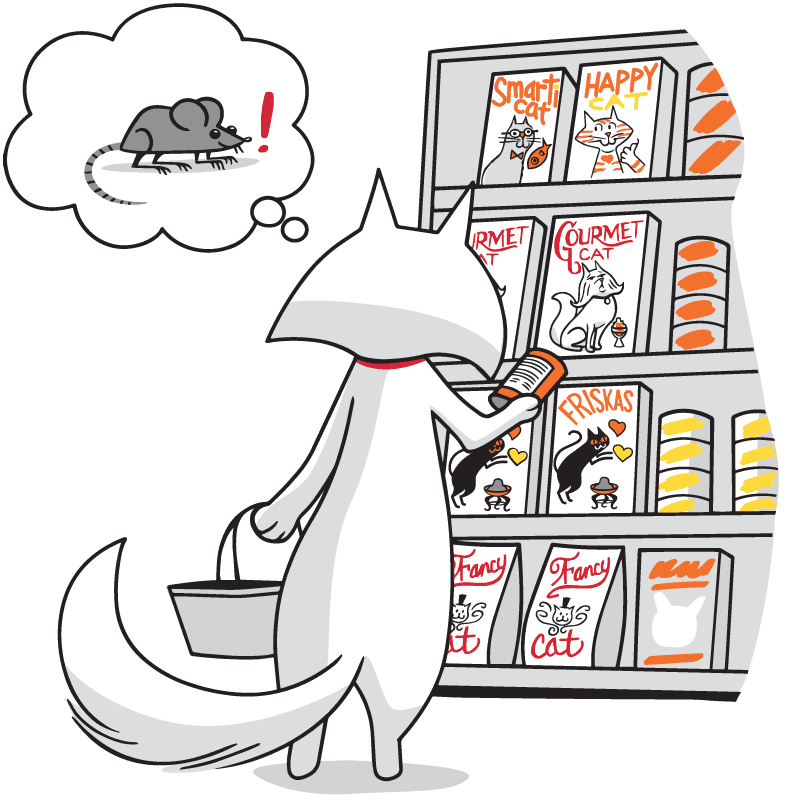 Cat reading label on can at grocery store