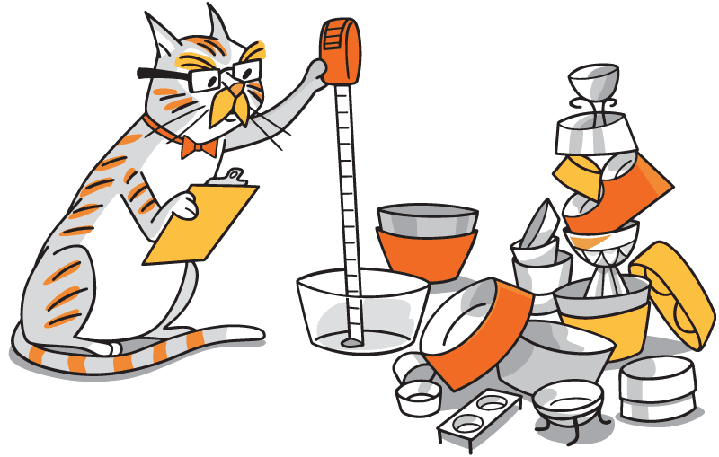 Illustrated cat measuring a stack of bowls