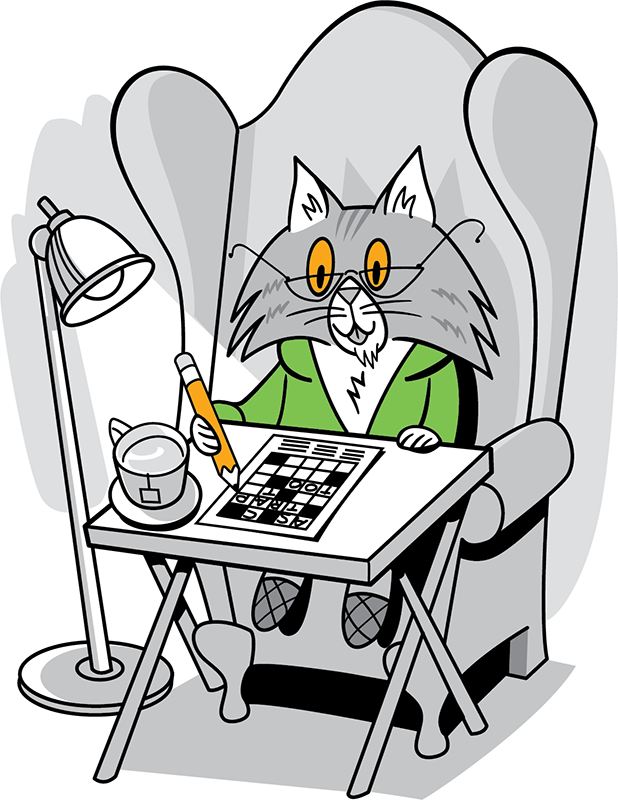 Elderly cat doing a crossword puzzle
