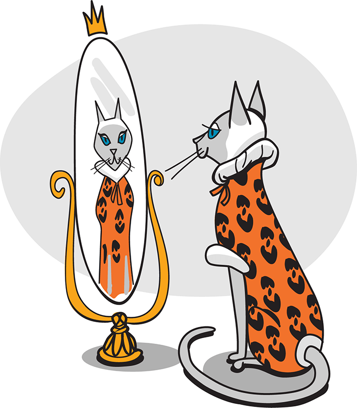 Cat wearing a fine fur coat and looking in the mirror