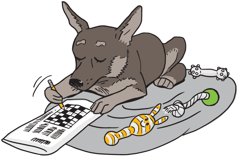 Dog doing a crossword puzzle