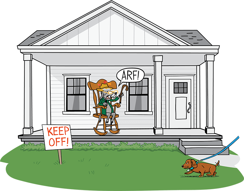 Old dog yelling at a puppy to get of their lawn.