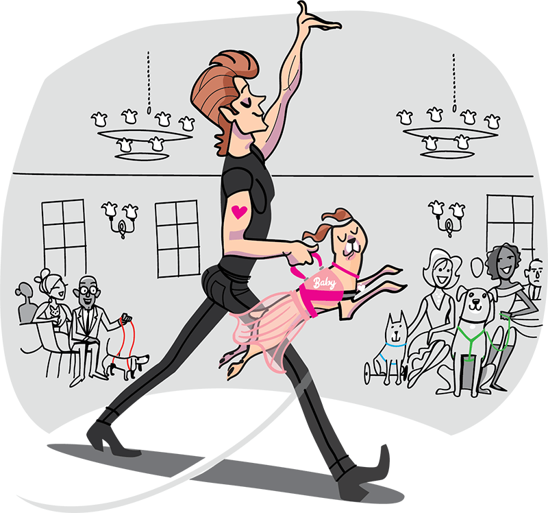 Parody of the Dirty Dancing movie poster with a dog in a harness being lifted up