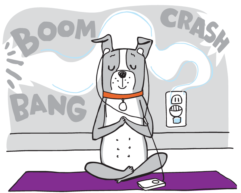 Dog meditating with headphones on