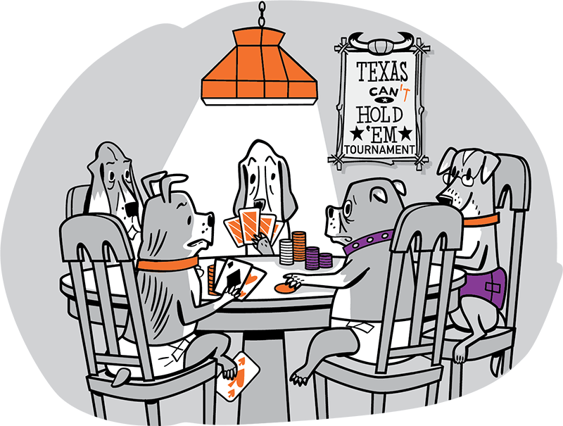 Dogs playing poker and wearing diapers