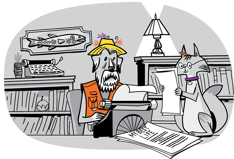 Senior dog writing his memoirs