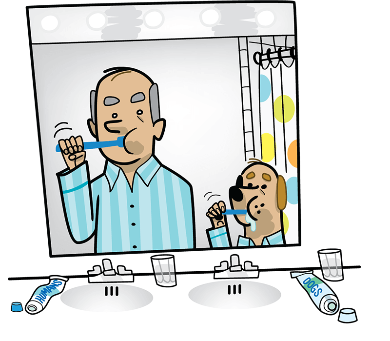 Illustration of a dog and their owner brushing their teeth at the sink